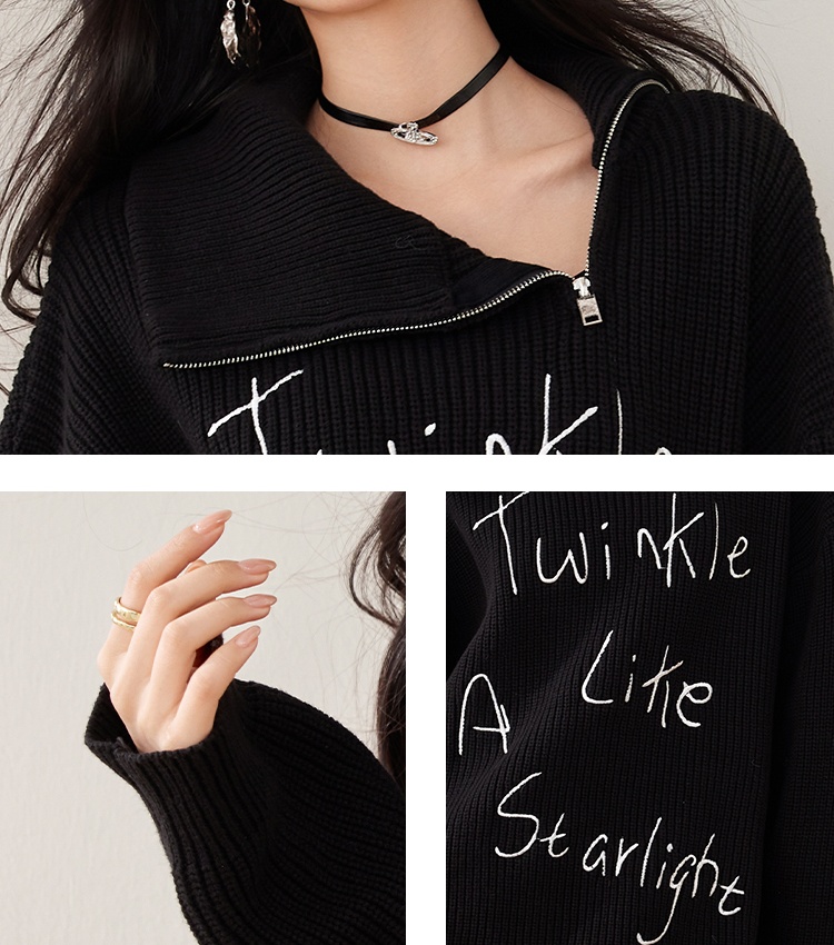 Letters long thick embroidery zip lazy lapel sweater