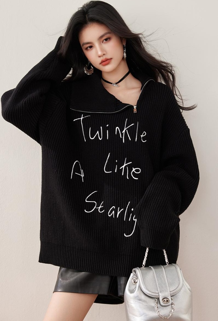 Letters long thick embroidery zip lazy lapel sweater