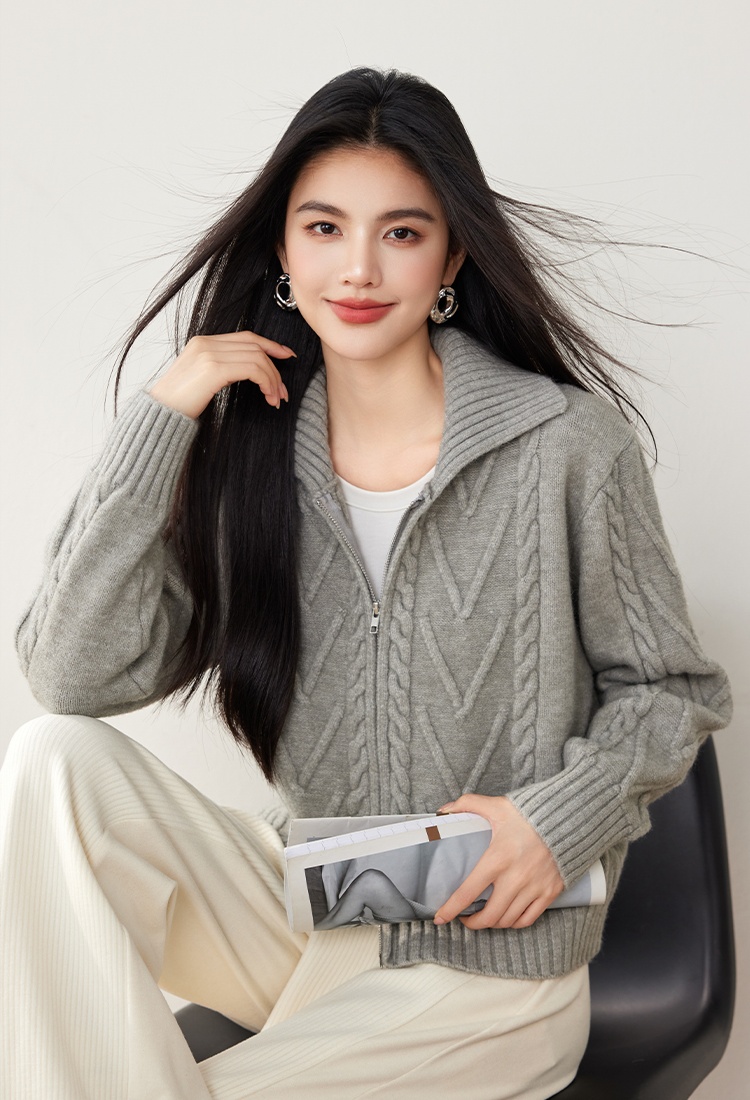 Loose double zip twist tops lapel knitted coat for women