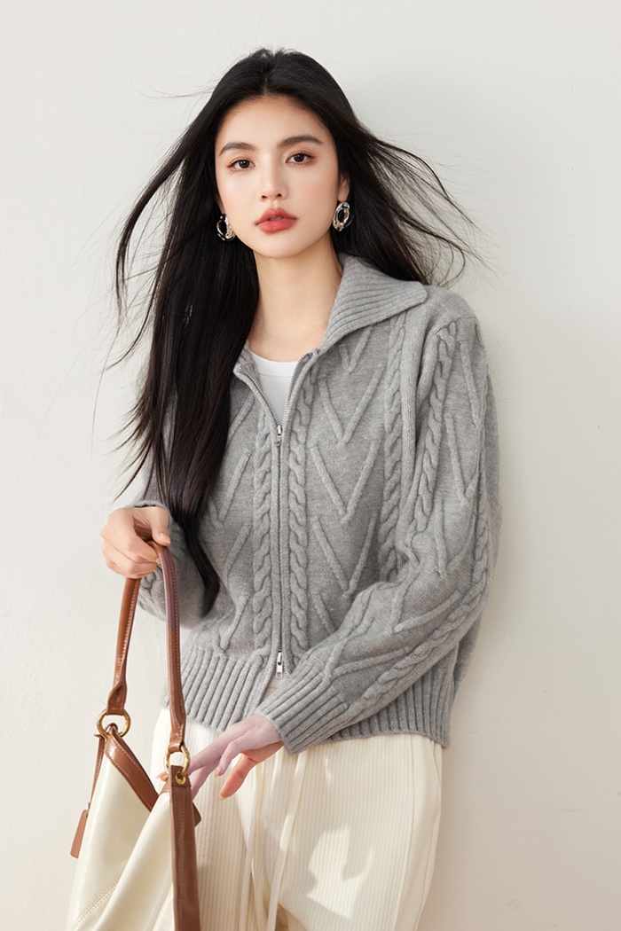 Loose double zip twist tops lapel knitted coat for women