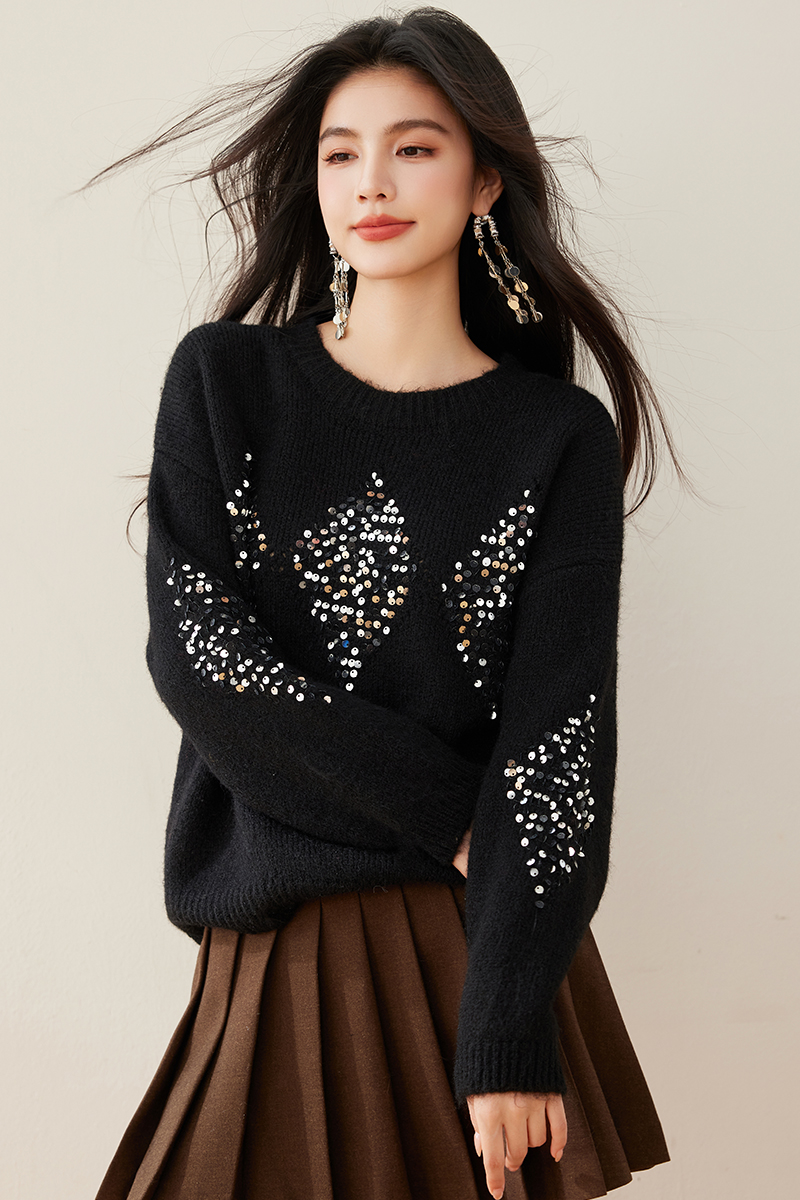 Quilted autumn and winter sweater lazy sequins tops