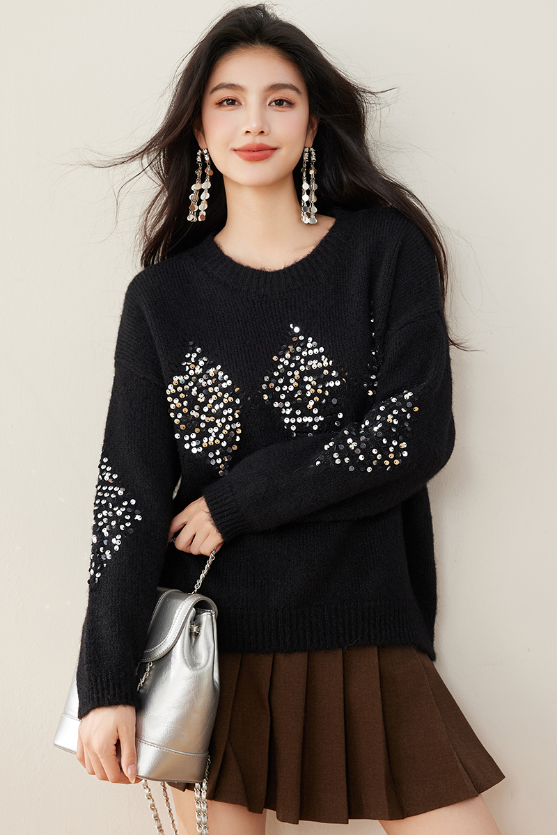 Quilted autumn and winter sweater lazy sequins tops