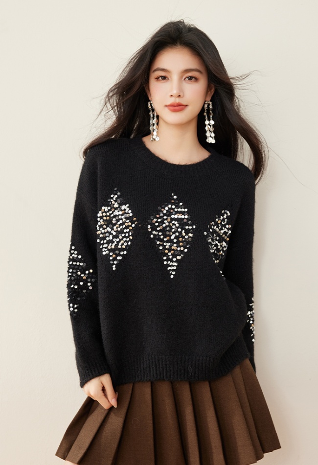 Quilted autumn and winter sweater lazy sequins tops