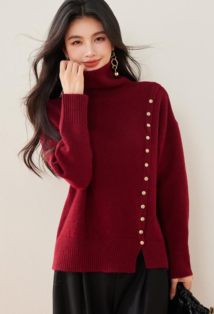 Simple buckle asymmetry high collar art sweater