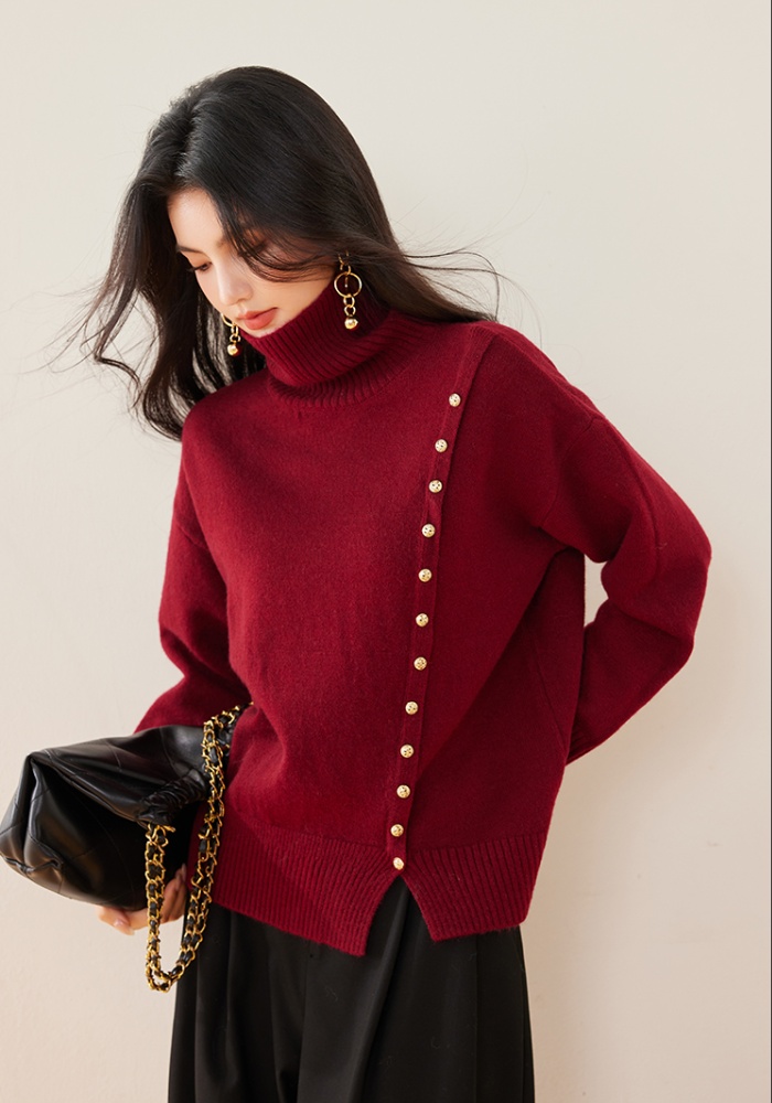 Simple buckle asymmetry high collar art sweater