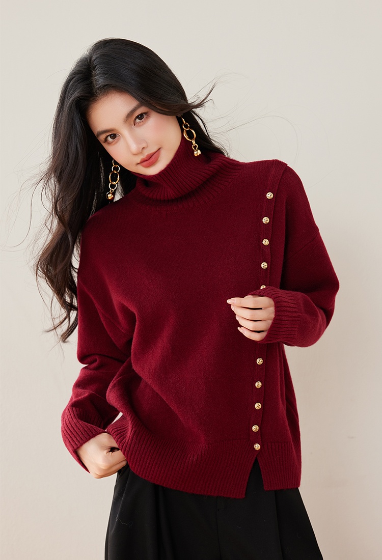 Simple buckle asymmetry high collar art sweater