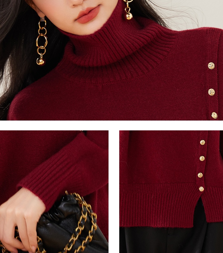 Simple buckle asymmetry high collar art sweater