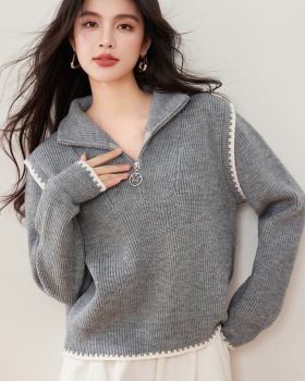 Loose high collar zip tops winter splice sweater