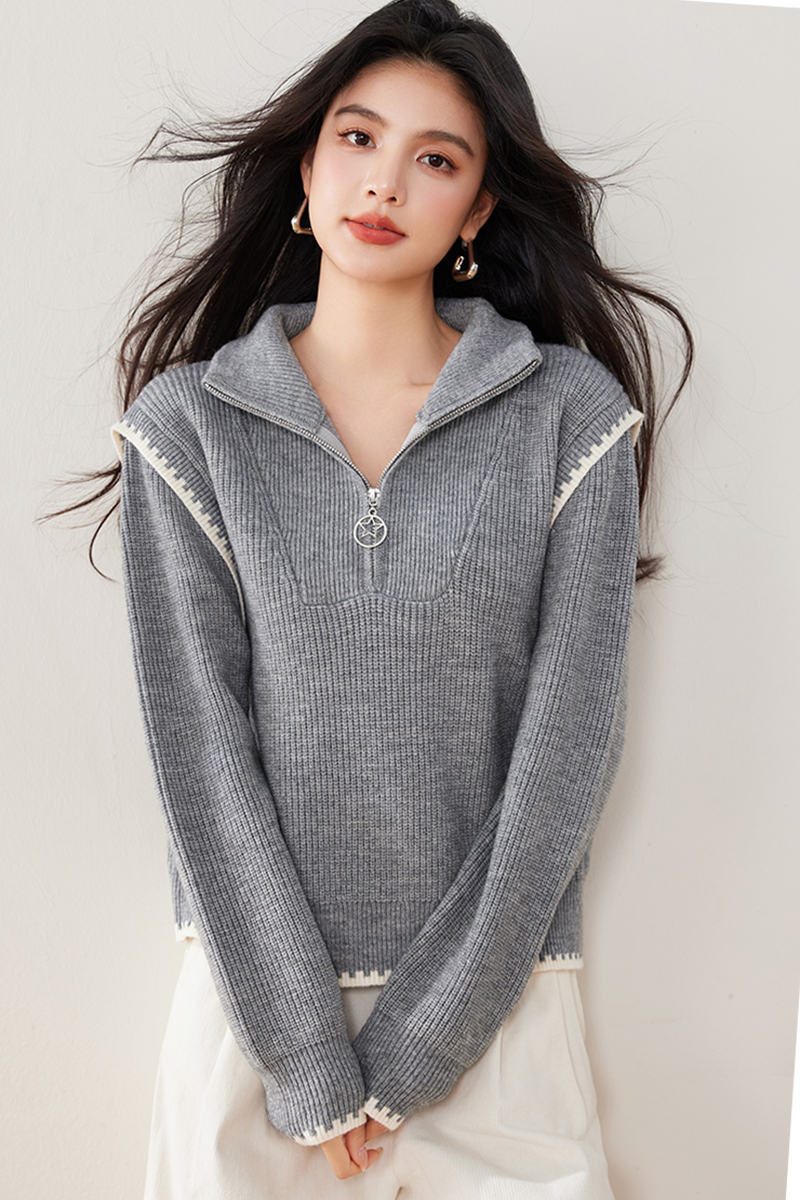 Loose high collar zip tops winter splice sweater