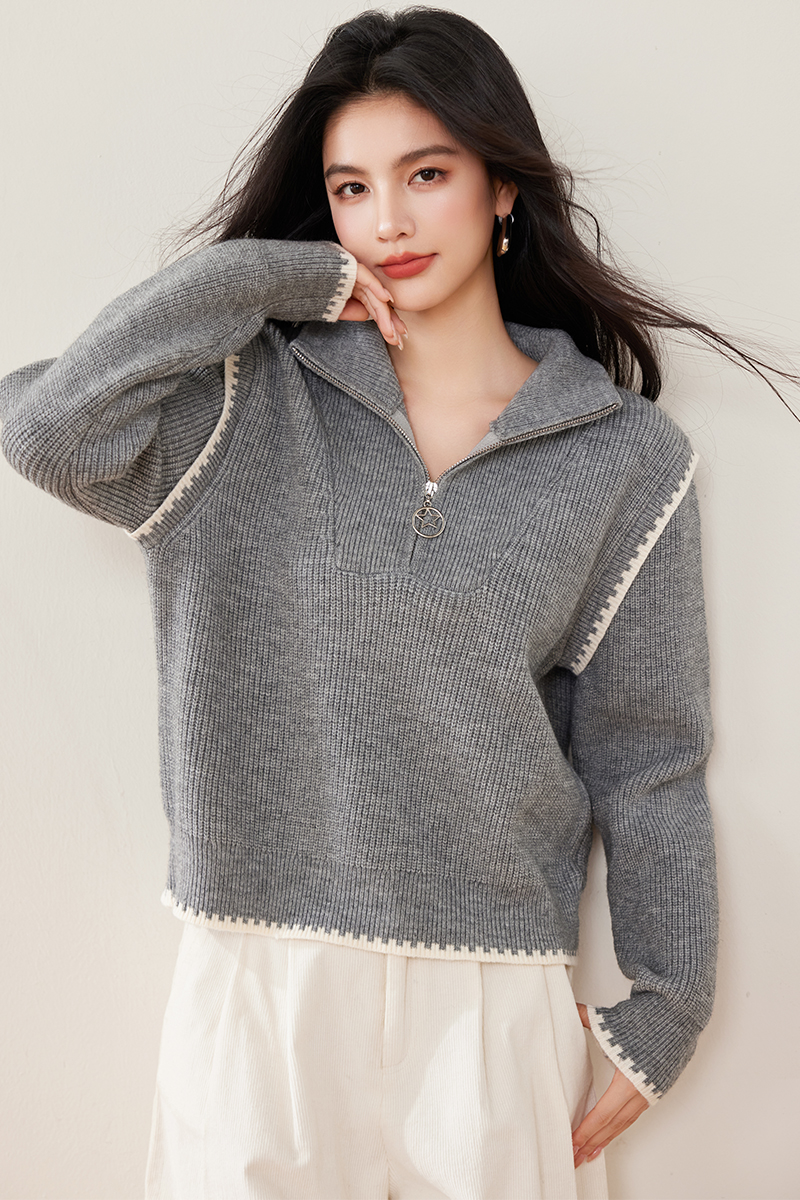 Loose high collar zip tops winter splice sweater