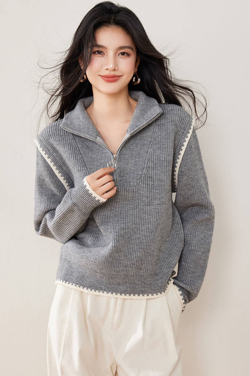 Loose high collar zip tops winter splice sweater