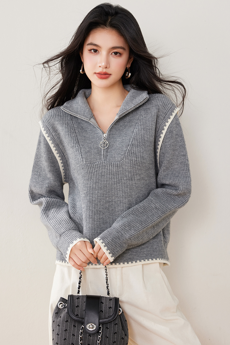 Loose high collar zip tops winter splice sweater