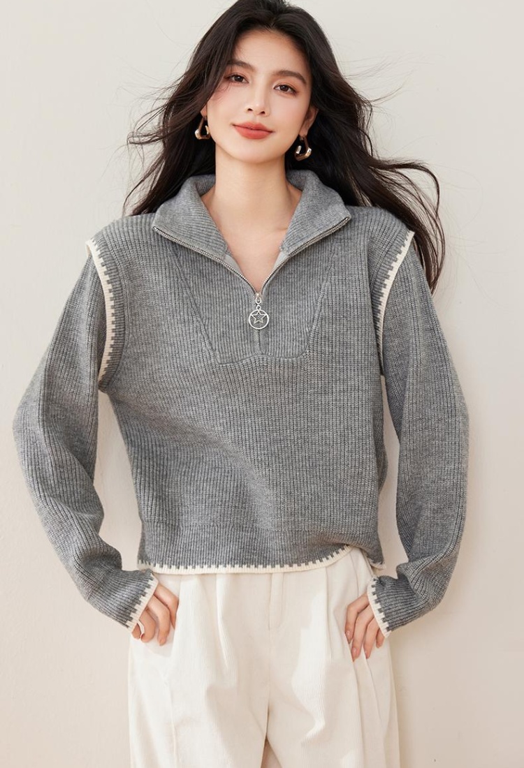 Loose high collar zip tops winter splice sweater