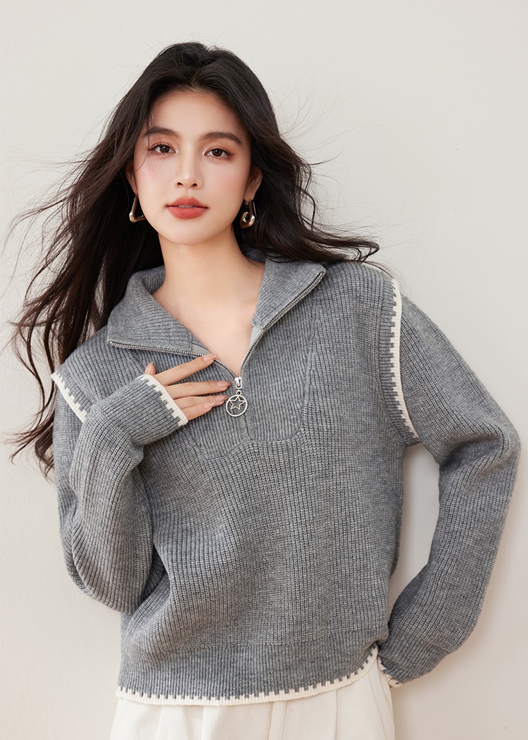 Loose high collar zip tops winter splice sweater