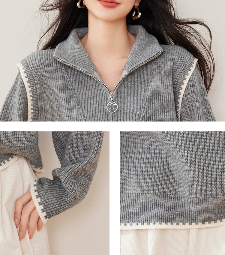 Loose high collar zip tops winter splice sweater