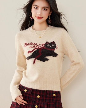 Fashion round neck kitty pattern pullover sweater for women