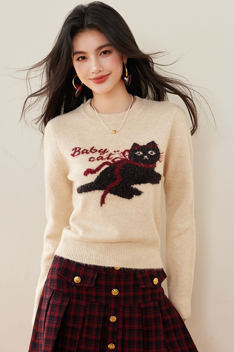 Fashion round neck kitty pattern pullover sweater for women