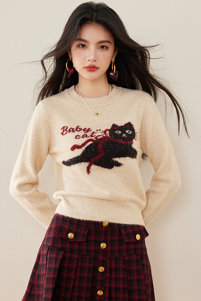 Fashion round neck kitty pattern pullover sweater for women