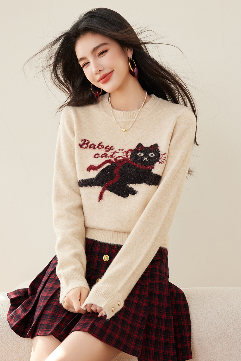 Fashion round neck kitty pattern pullover sweater for women