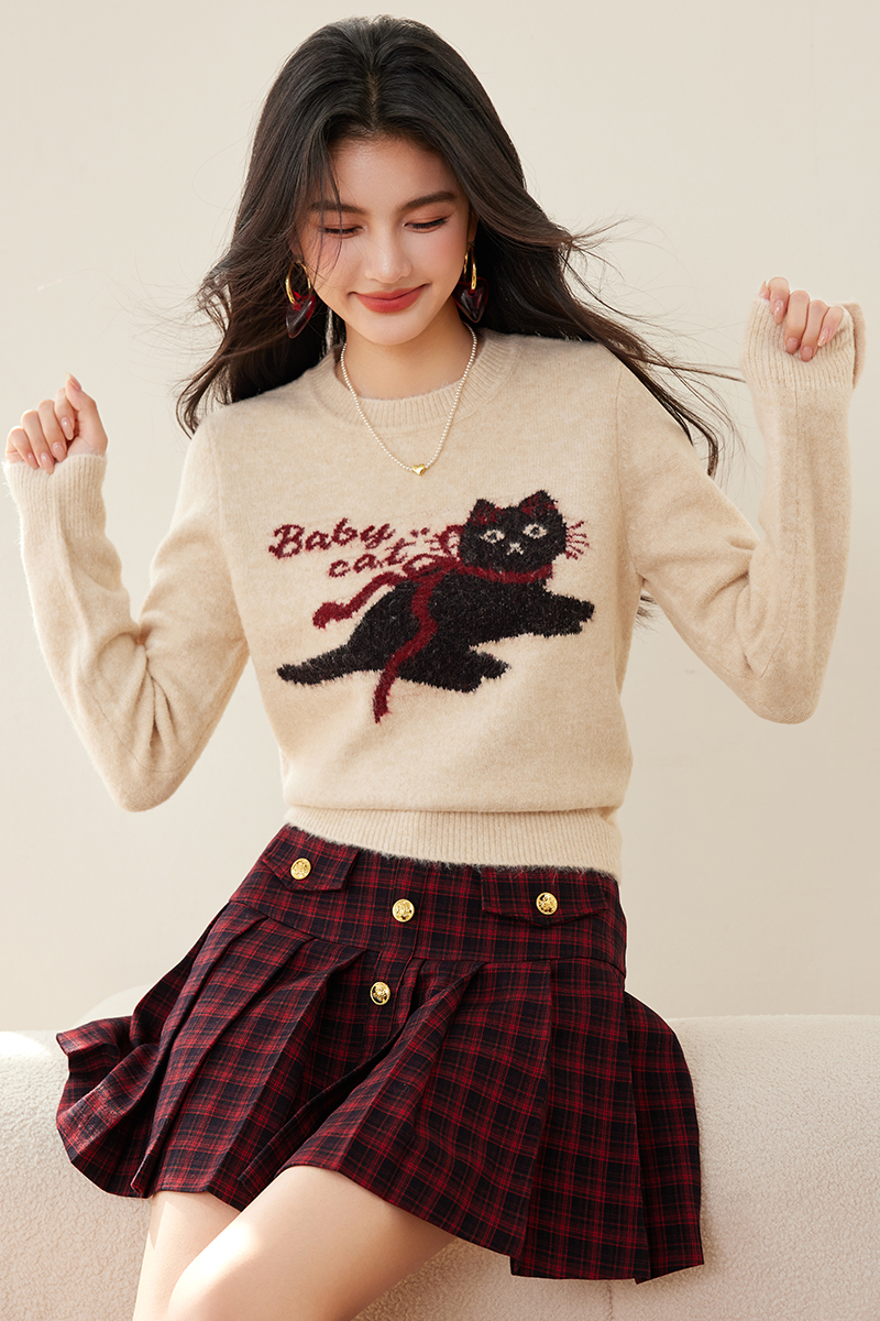 Fashion round neck kitty pattern pullover sweater for women