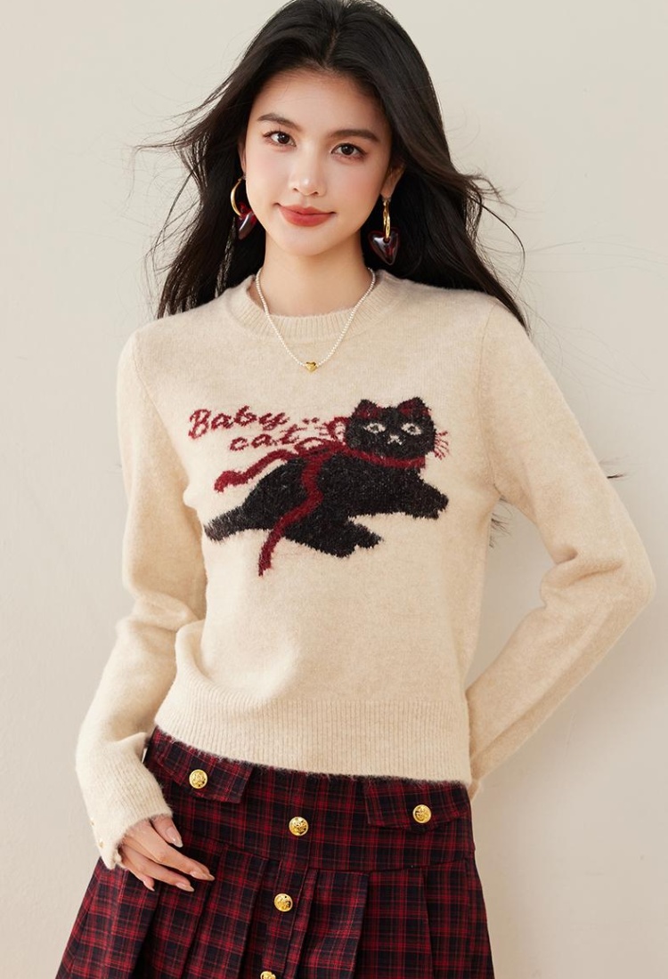 Fashion round neck kitty pattern pullover sweater for women