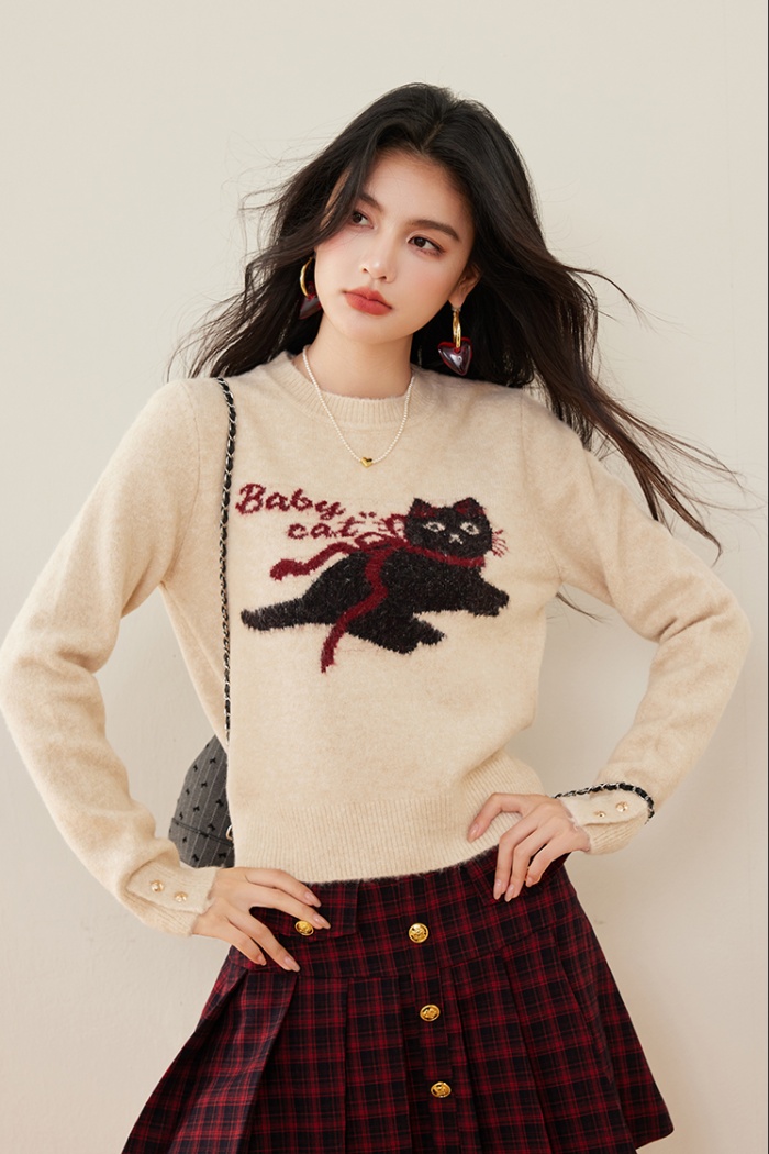 Fashion round neck kitty pattern pullover sweater for women