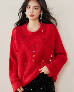 Red winter sequins round neck long sleeve sweater for women