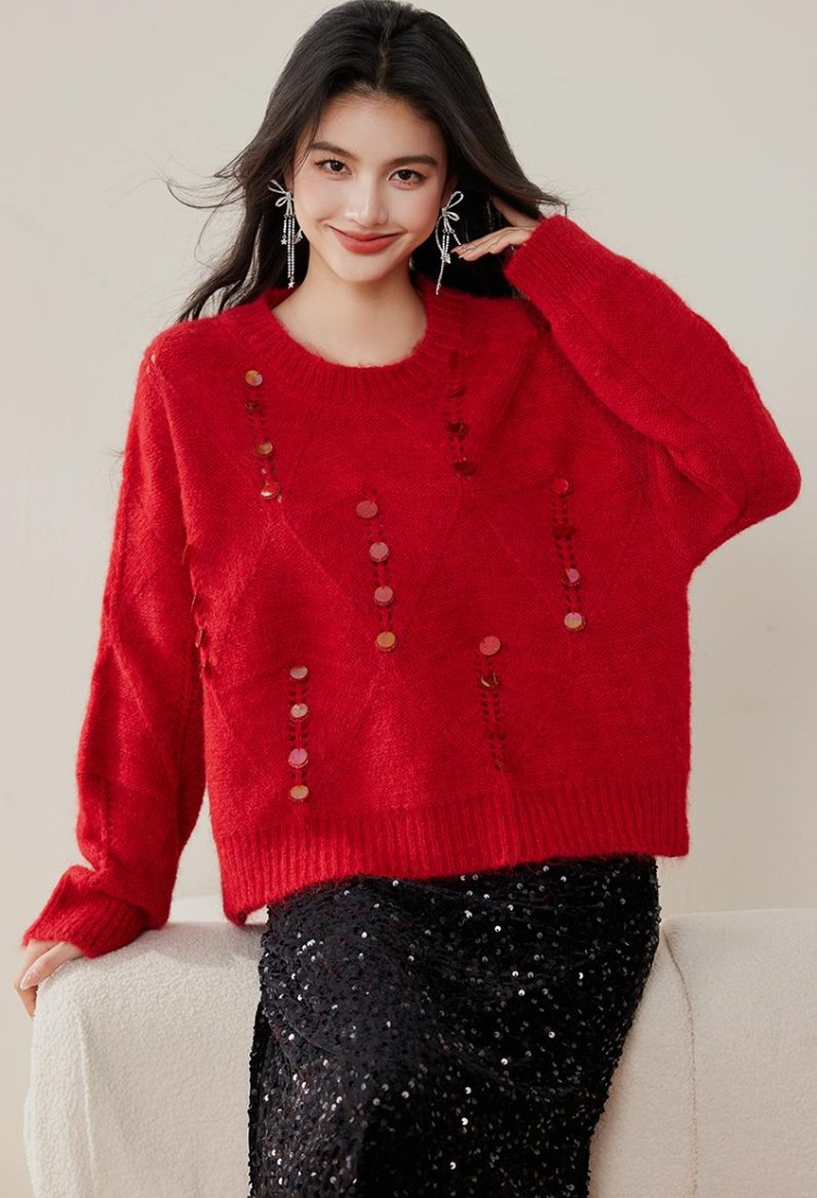 Red winter sequins round neck long sleeve sweater for women