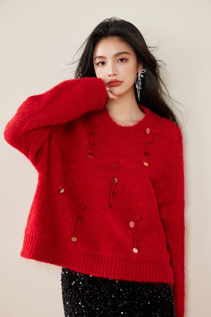 Red winter sequins round neck long sleeve sweater for women