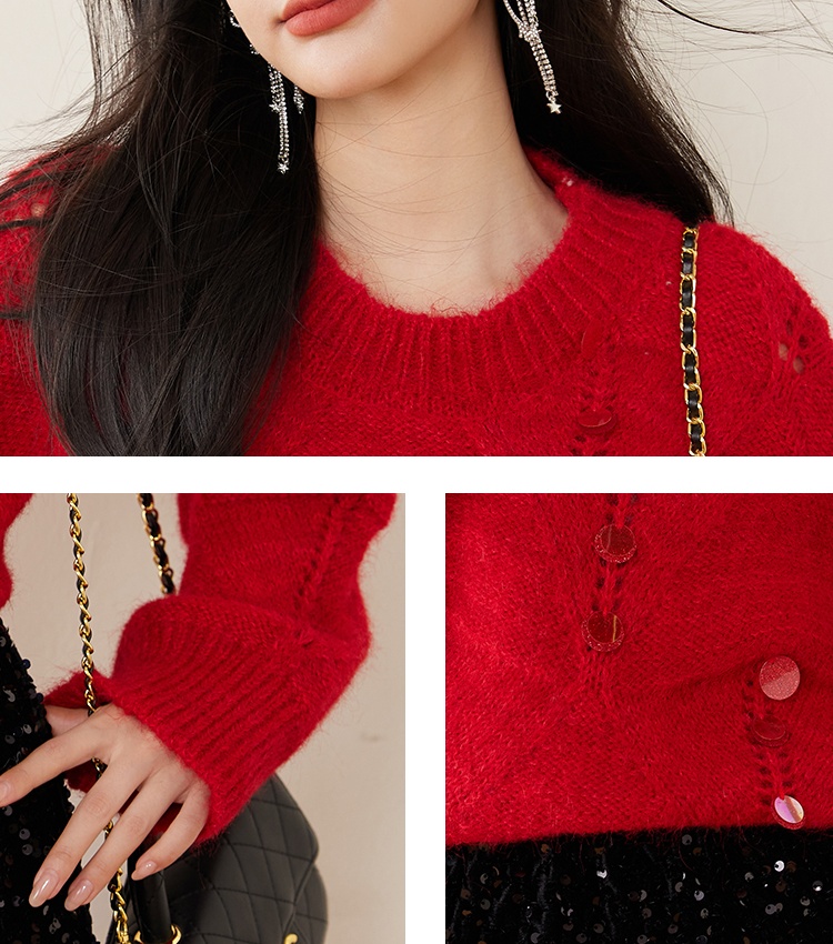 Red winter sequins round neck long sleeve sweater for women