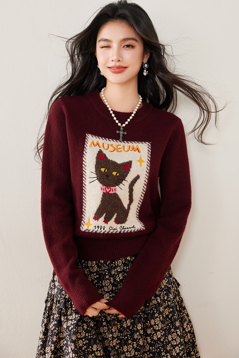 Mixed colors kitty winter embroidery sweater