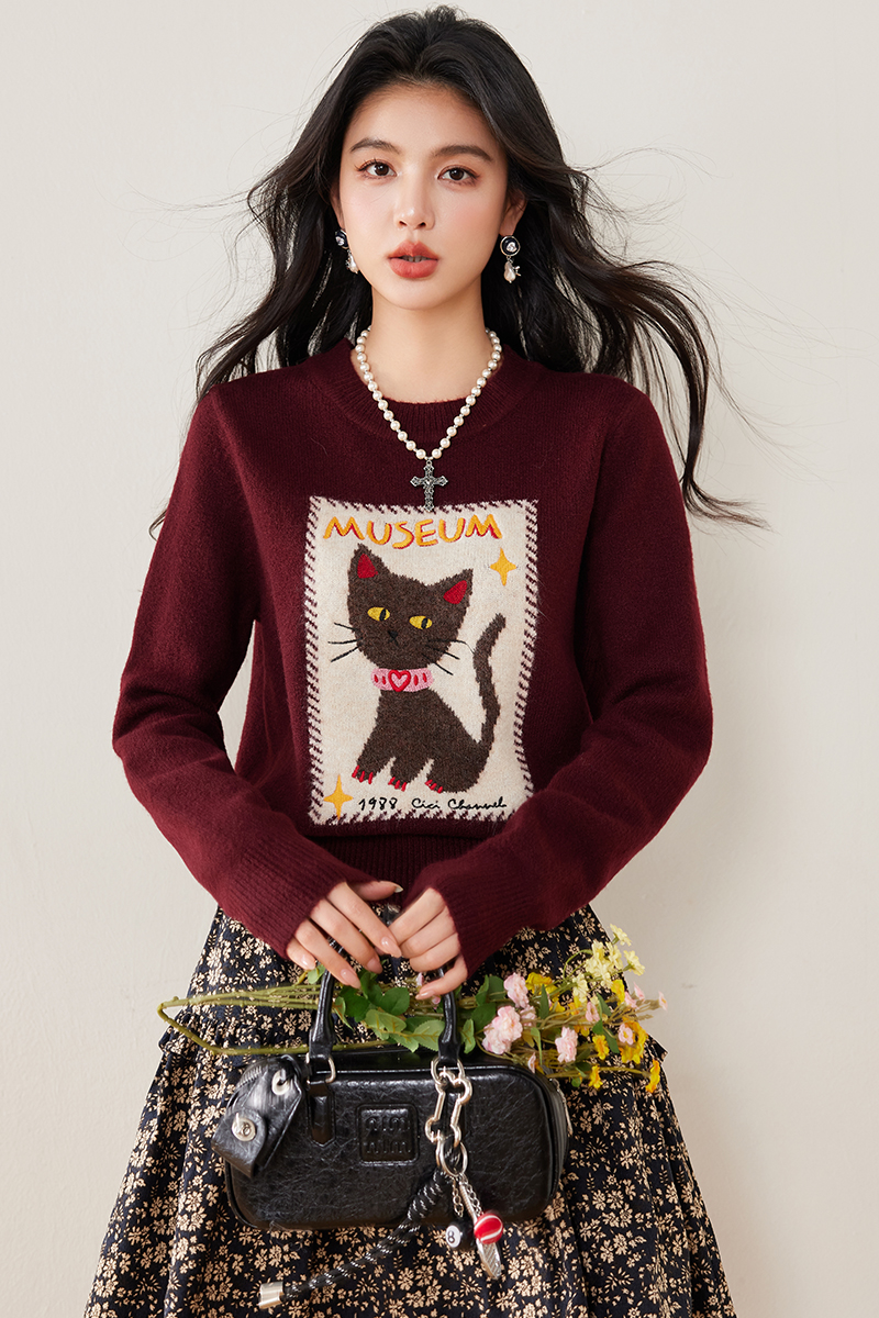 Mixed colors kitty winter embroidery sweater