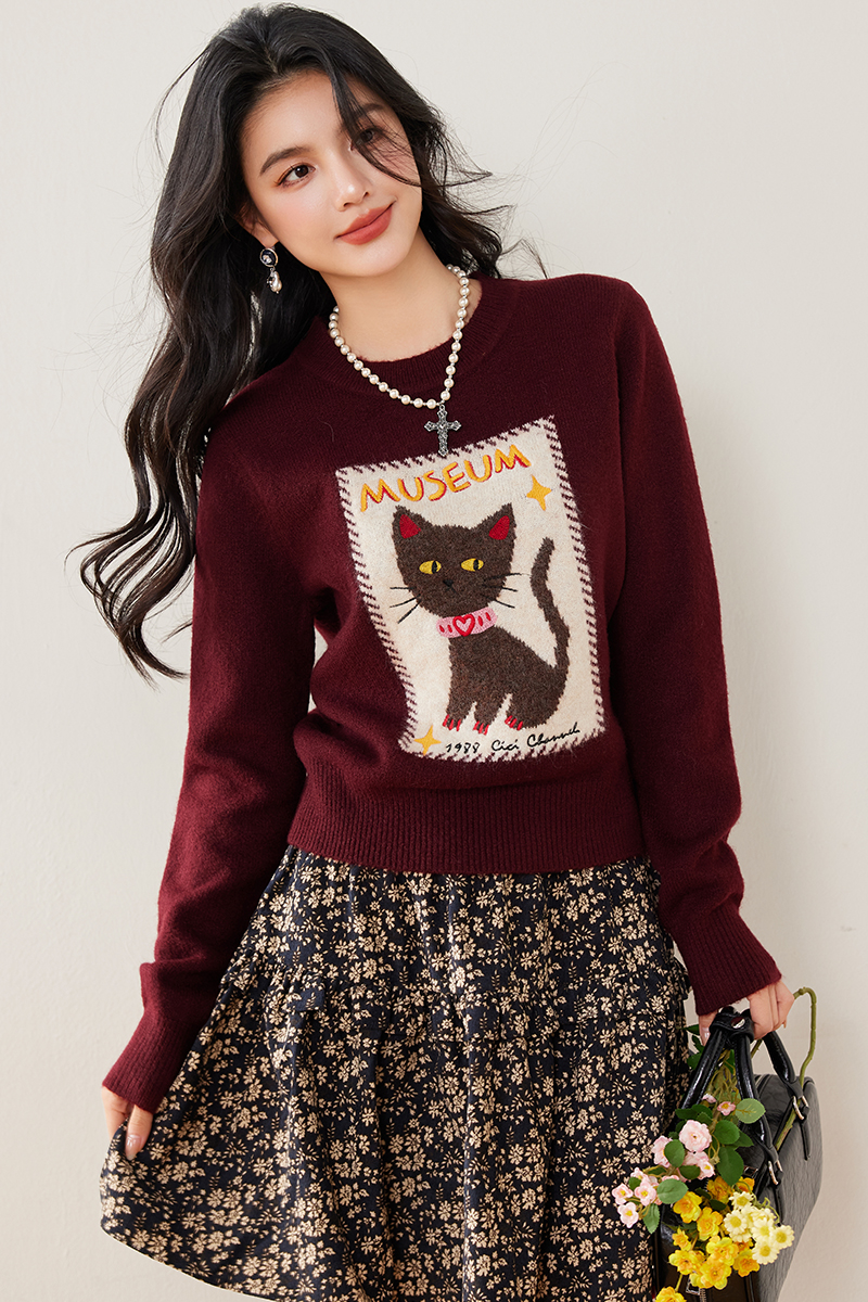 Mixed colors kitty winter embroidery sweater