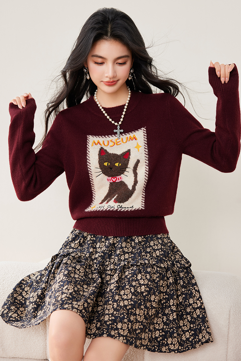 Mixed colors kitty winter embroidery sweater