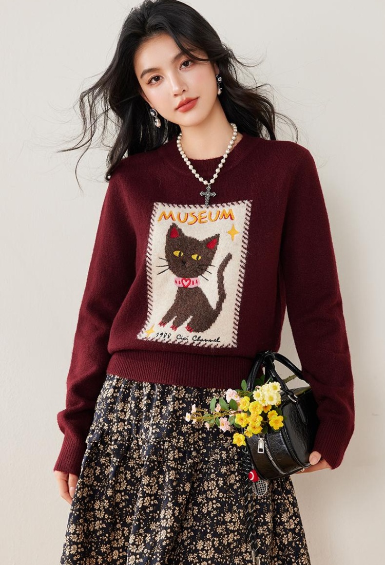 Mixed colors kitty winter embroidery sweater