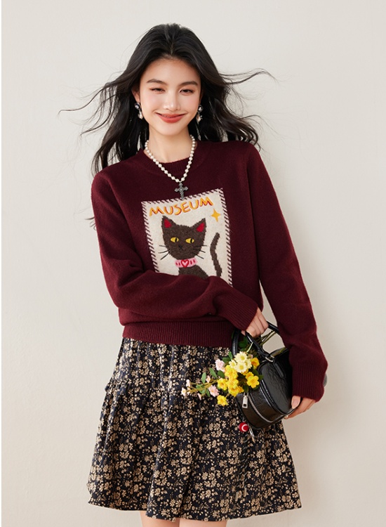 Mixed colors kitty winter embroidery sweater