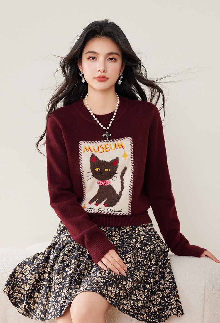 Mixed colors kitty winter embroidery sweater