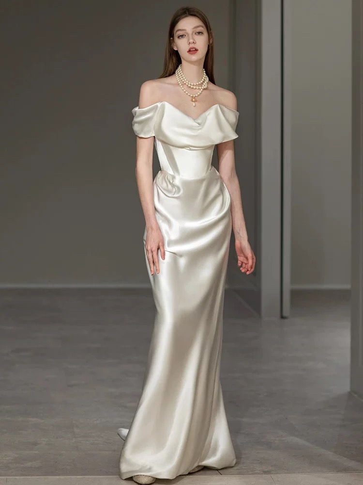 Light white wedding dress flat shoulder satin dress