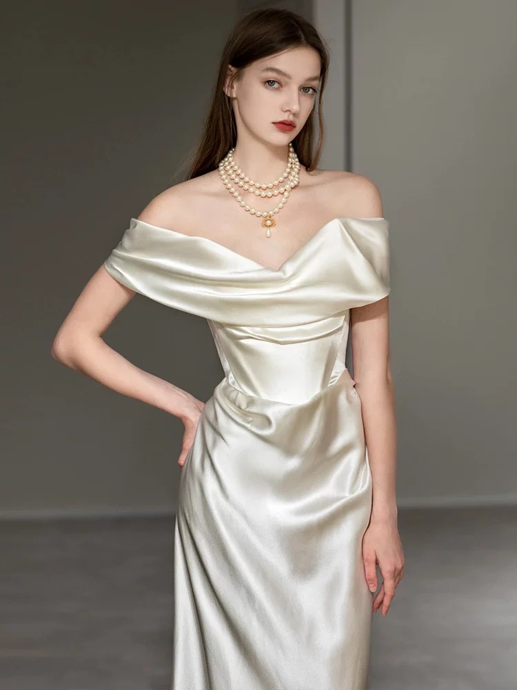 Light white wedding dress flat shoulder satin dress