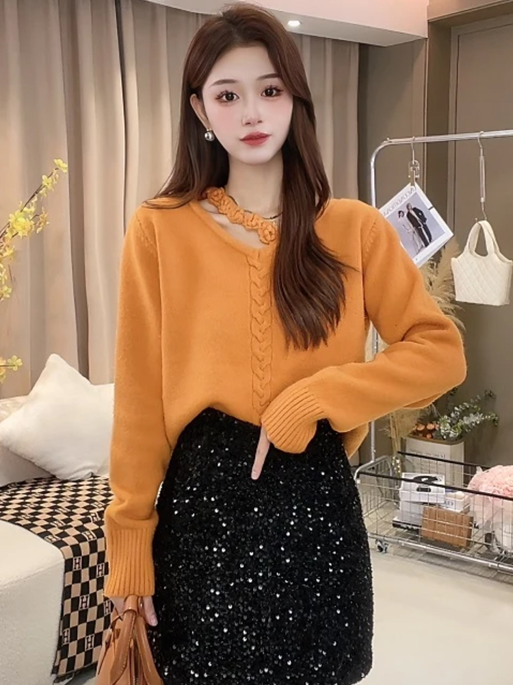 Oblique collar loose all-match sweater for women