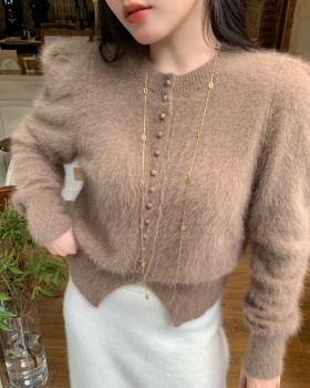 Fluffy slim autumn and winter round neck long hair sweater