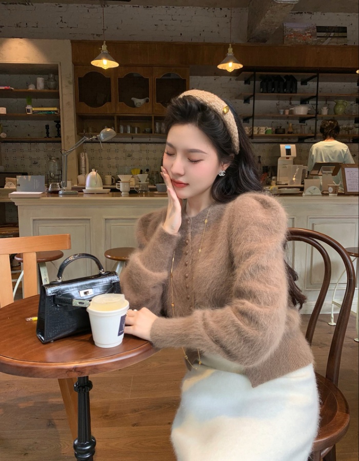 Fluffy slim autumn and winter round neck long hair sweater