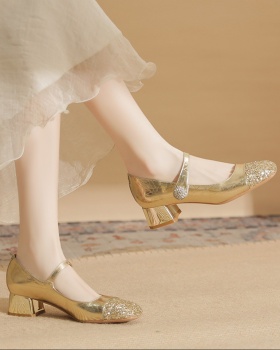 Splice square head shoes thick sequins high-heeled shoes