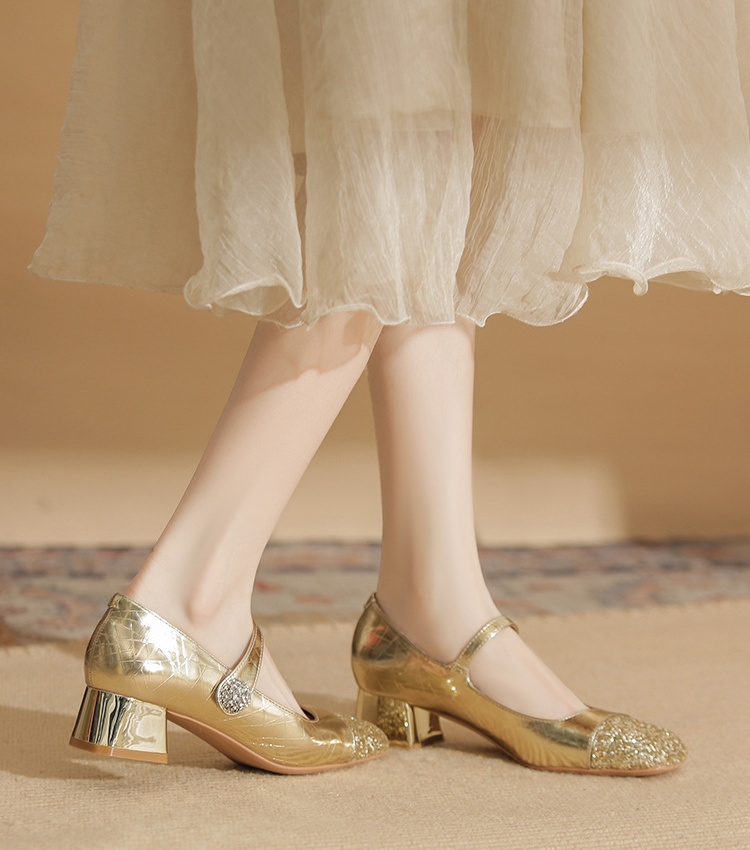 Splice square head shoes thick sequins high-heeled shoes