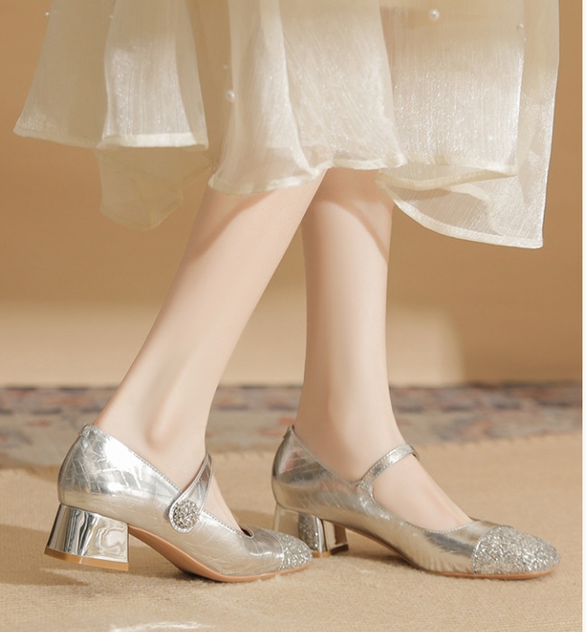 Splice square head shoes thick sequins high-heeled shoes