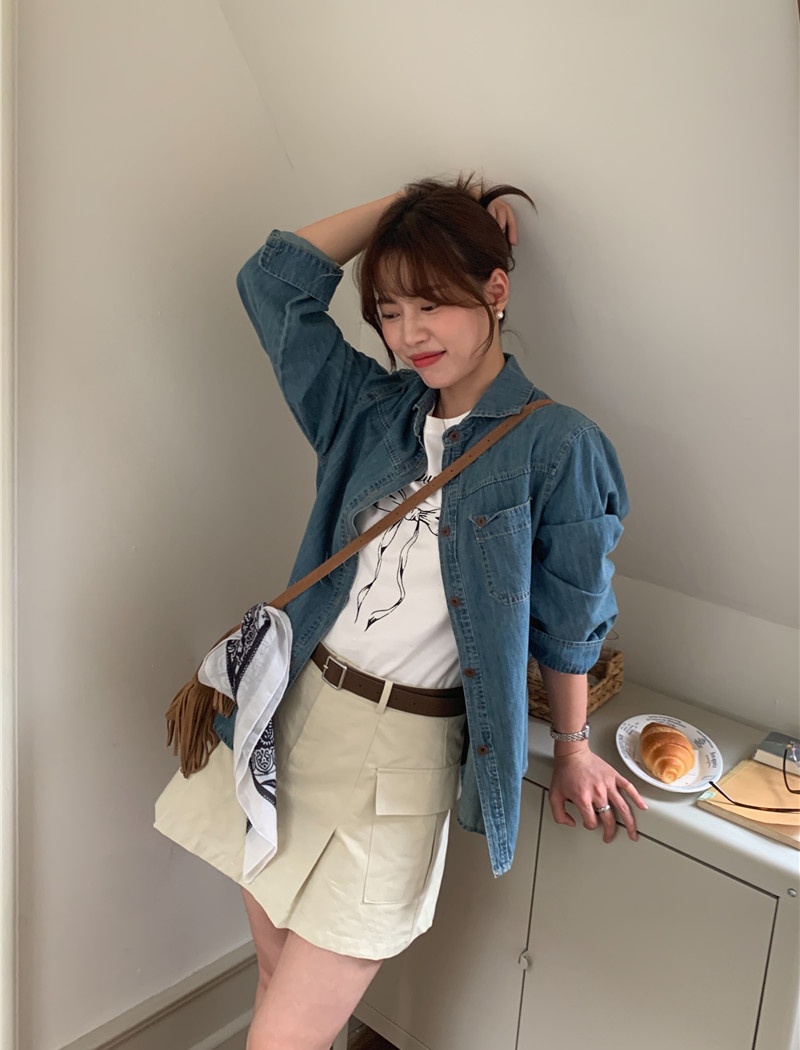 All-match American style denim Korean style shirt