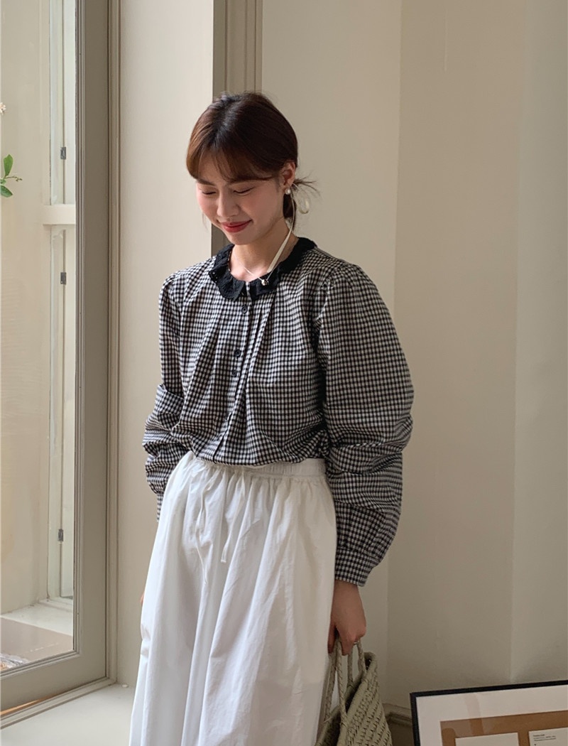 Retro plaid all-match lace collar shirt