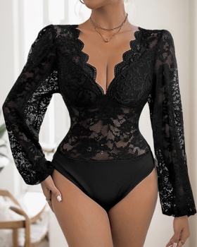 Sexy V-neck tight long sleeve lace leotard