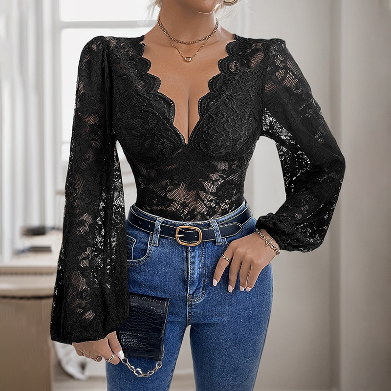 Sexy V-neck tight long sleeve lace leotard