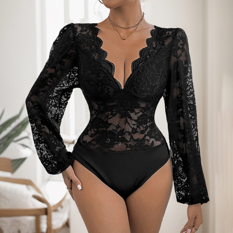 Sexy V-neck tight long sleeve lace leotard